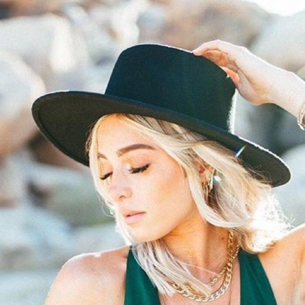 WYETH Mac black boater flat top hat O/S